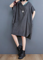 Plus Size Black V Neck Patchwork Denim Dresses